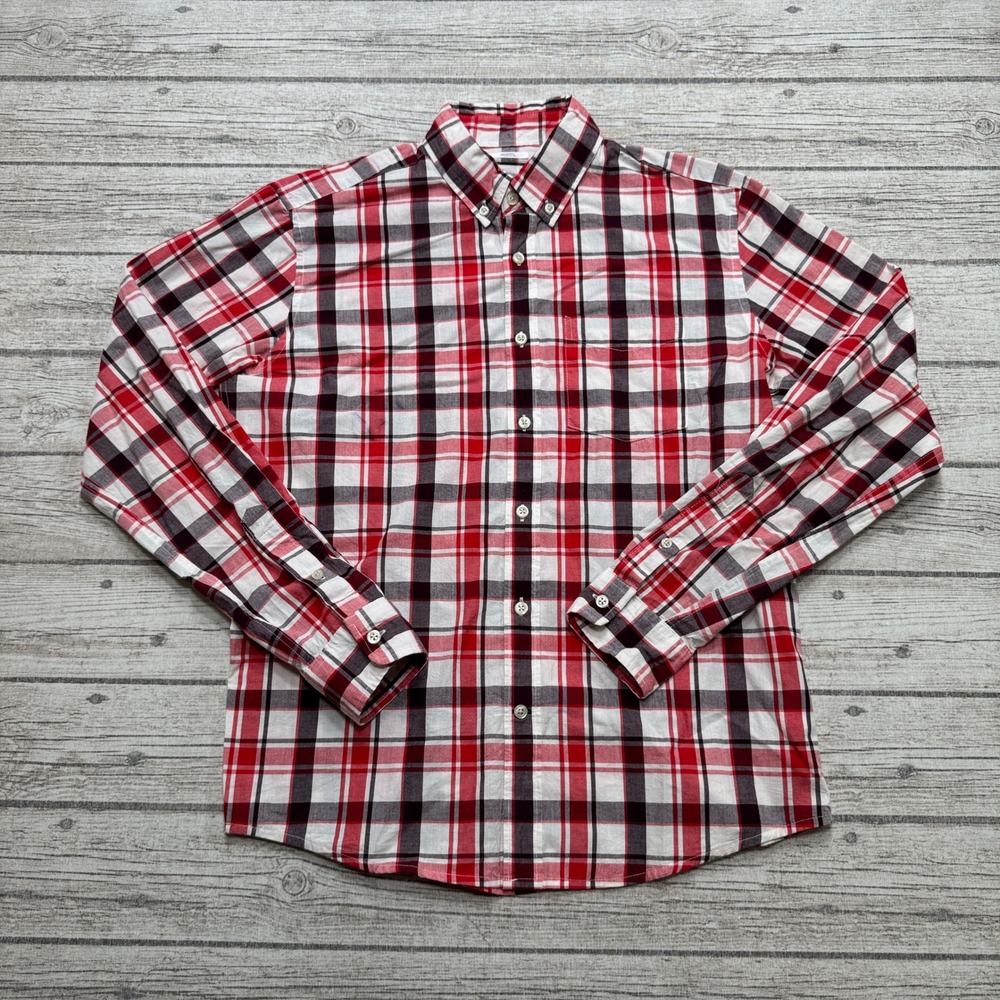 Gap Shirt Men's Small Red White Plaid Button Down Cotton Classic Fit Long Sleeve